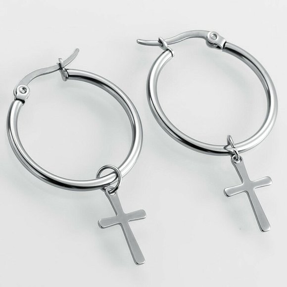 NWOT 25mm Silver Cross Huggie Earrings - Picture 5 of 16